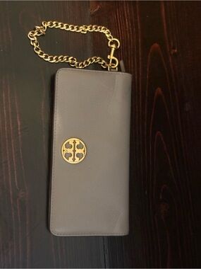 Tory Burch Gray Leather Wristlet Clutch with Gold Chain
